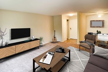Large living room with ceramic tile flooring